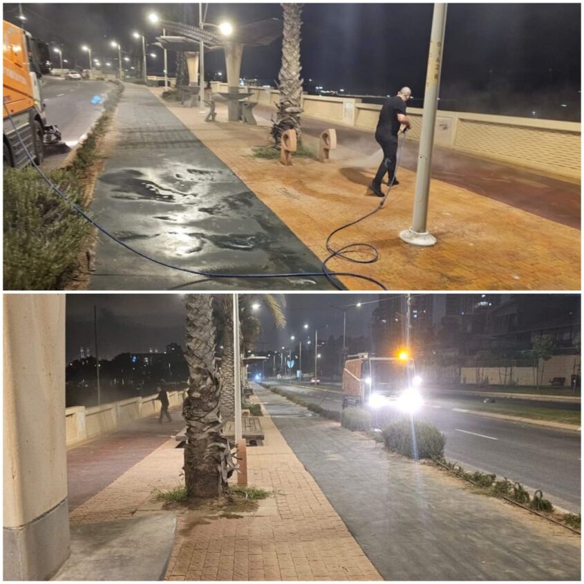 מנקים את הרחוב בלילה. צילום: שמואל דוד